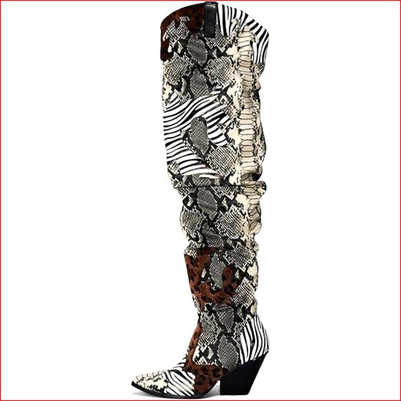 Faux Leather Faux Snakeskin Over-the-Knee Boots with Chunky Heel